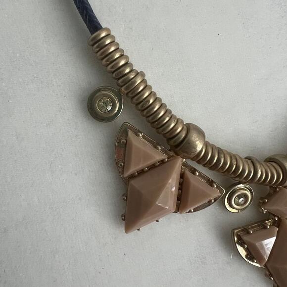 J. Crew Navy Blue and Tan Triangle Cord Bib Necklace - Picture 2 of 6